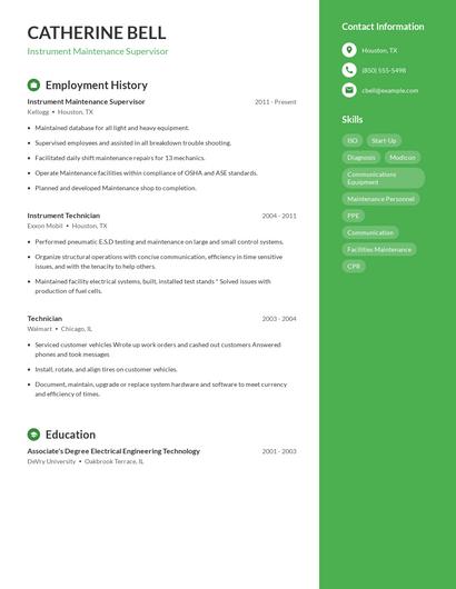Instrument Maintenance Supervisor Resume