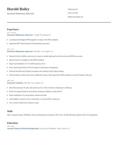 Instrument Maintenance Supervisor Resume