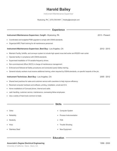 Instrument Maintenance Supervisor Resume