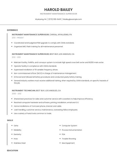 Instrument Maintenance Supervisor Resume