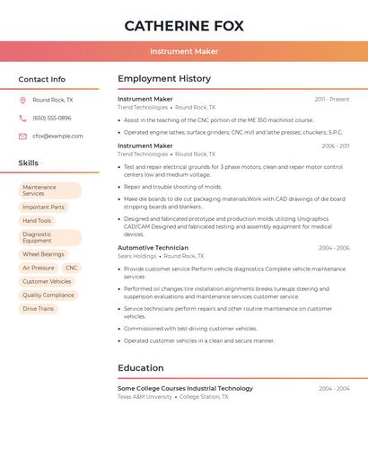Instrument Maker Resume