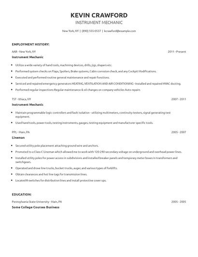 Instrument Mechanic Resume