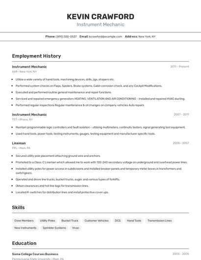 Instrument Mechanic Resume