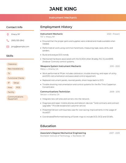 Instrument Mechanic Resume