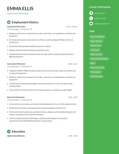 Instrument Mechanic Resume