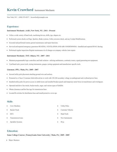 Instrument Mechanic Resume