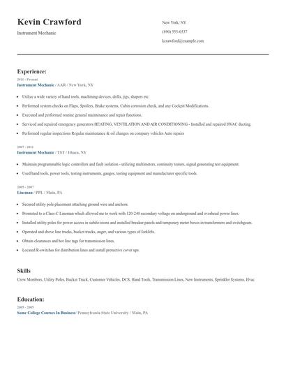 Instrument Mechanic Resume