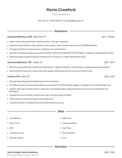 Instrument Mechanic Resume