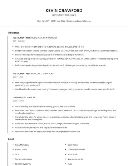 Instrument Mechanic Resume