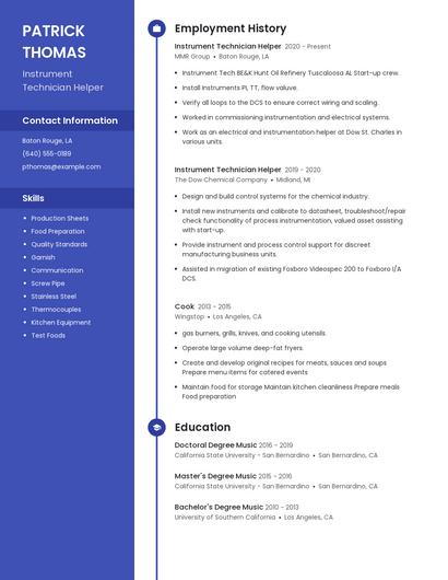 Instrument Technician Helper Resume