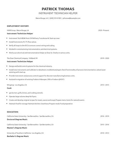 Instrument Technician Helper Resume