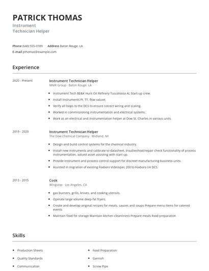 Instrument Technician Helper Resume