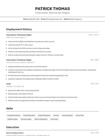 Instrument Technician Helper Resume