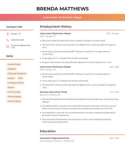 Instrument Technician Helper Resume