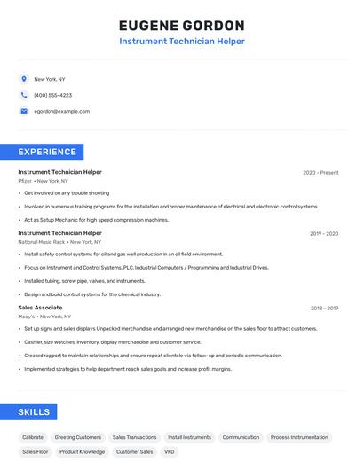Instrument Technician Helper Resume