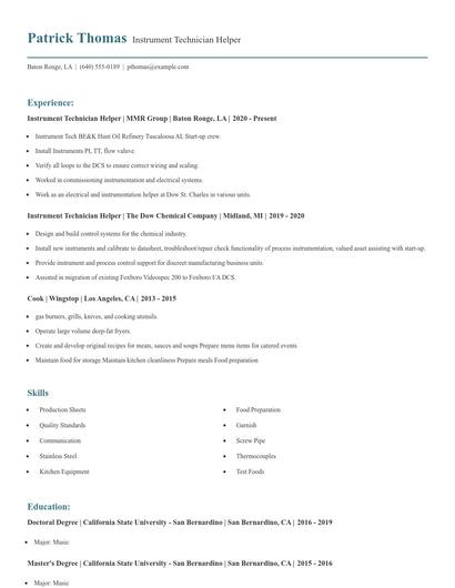 Instrument Technician Helper Resume