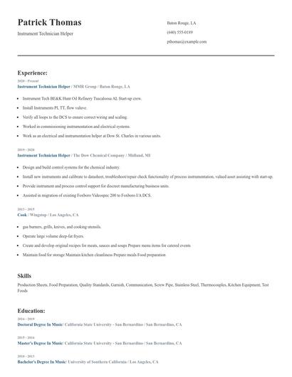Instrument Technician Helper Resume