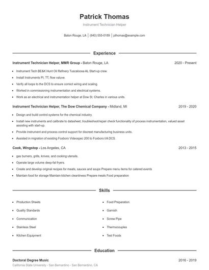 Instrument Technician Helper Resume