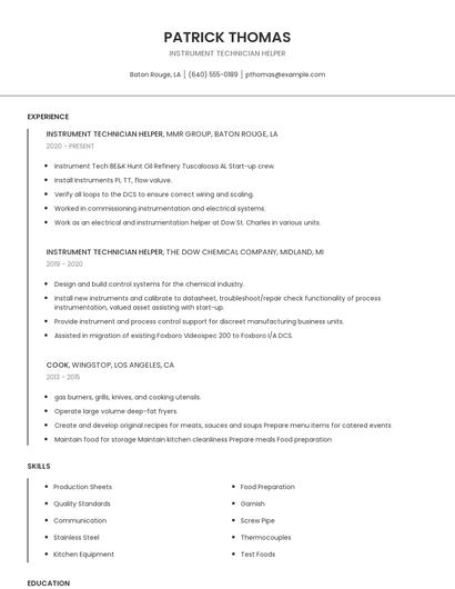 Instrument Technician Helper Resume