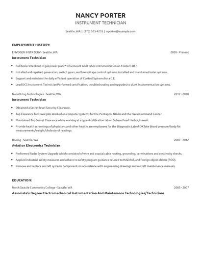 Instrument Technician Resume