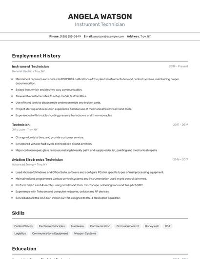Instrument Technician Resume