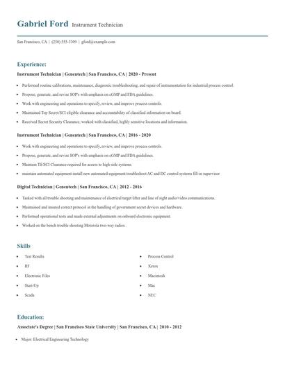 Instrument Technician Resume