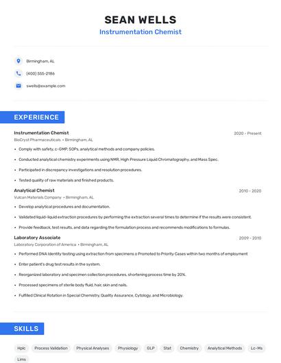 Instrumentation Chemist Resume