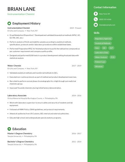 Instrumentation Chemist Resume