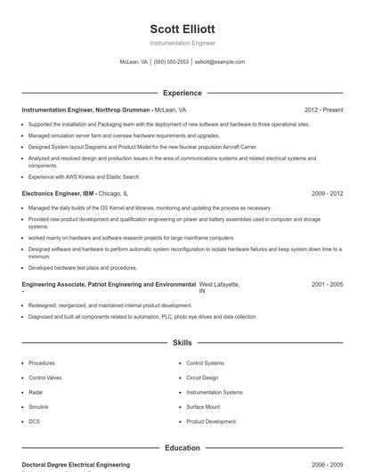 Instrumentation Engineer Resume