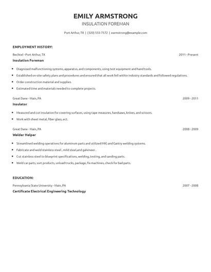 Insulation Foreman Resume