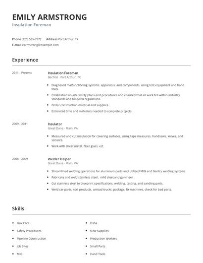 Insulation Foreman Resume