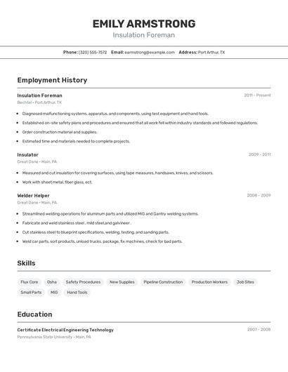 Insulation Foreman Resume