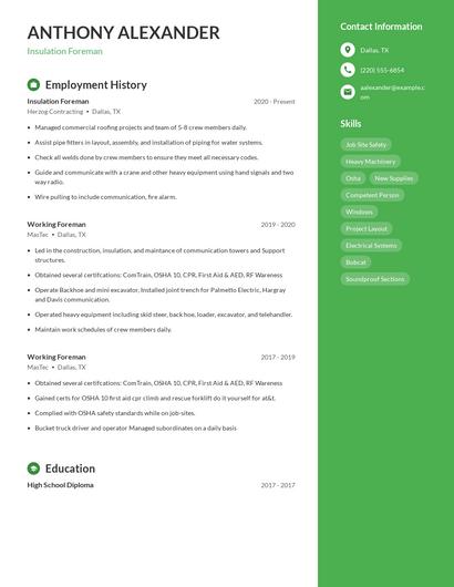 Insulation Foreman Resume