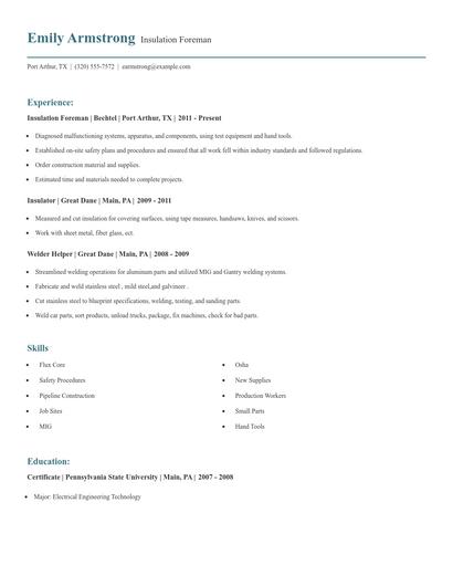 Insulation Foreman Resume