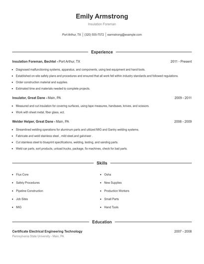Insulation Foreman Resume