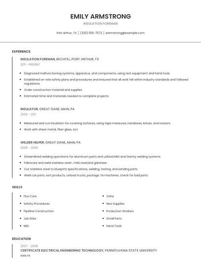Insulation Foreman Resume