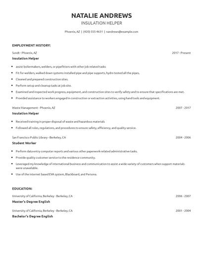 Insulation Helper Resume
