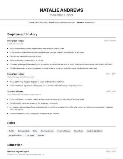 Insulation Helper Resume