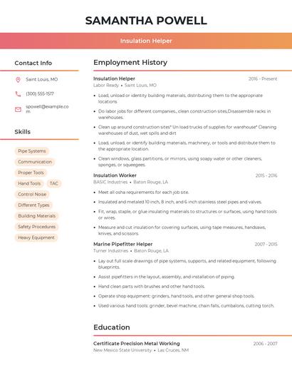 Insulation Helper Resume