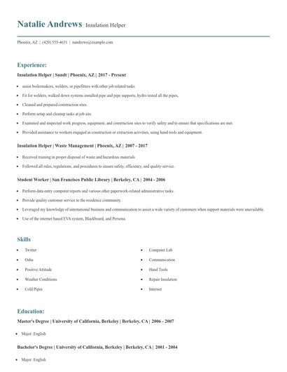 Insulation Helper Resume