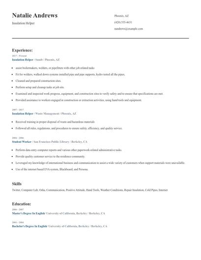 Insulation Helper Resume