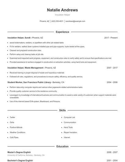 Insulation Helper Resume