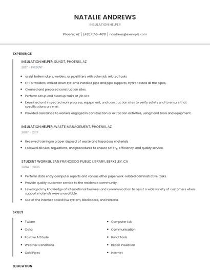 Insulation Helper Resume