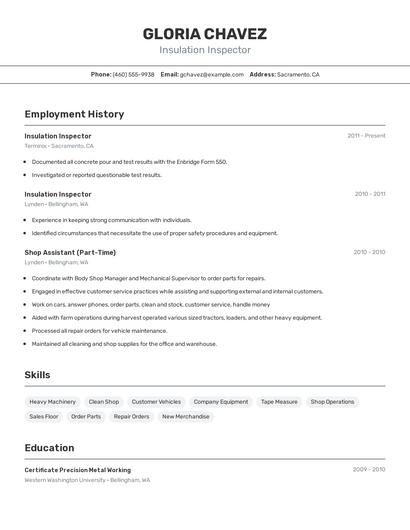 Insulation Inspector Resume