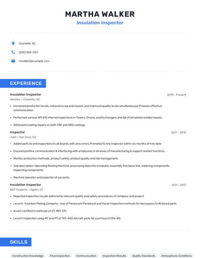 Insulation Inspector Resume