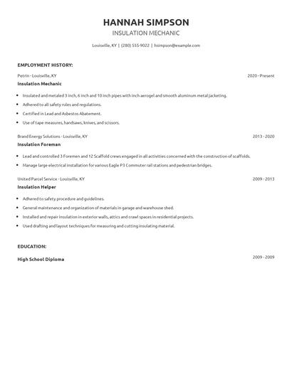 Insulation Mechanic Resume