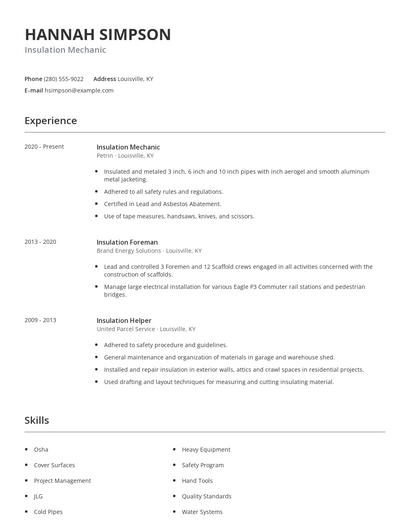 Insulation Mechanic Resume