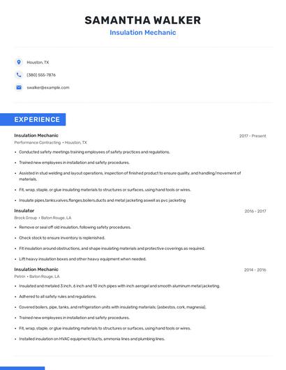 Insulation Mechanic Resume