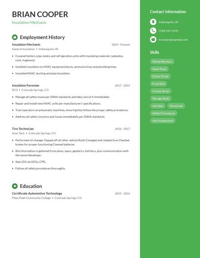 Insulation Mechanic Resume