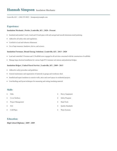 Insulation Mechanic Resume